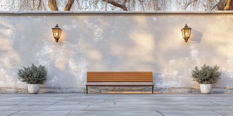 Relaxing bench in a tranquil courtyard with warm lighting and decorative plants