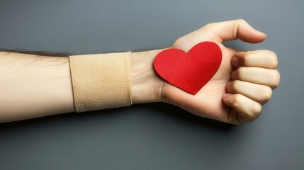 Fototapeta premium close up of blood donor arm with bandage and red heart with thumbs up gesture on grey background, blood donation concept with copy space