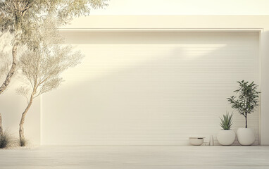 Obraz premium Modern minimalist exterior featuring plants and a textured wall in natural light