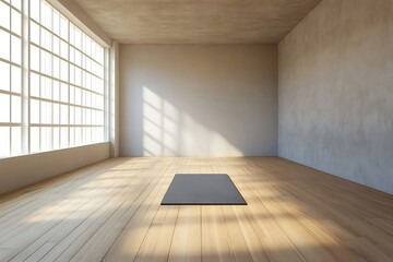 An unoccupied room with a wooden floor acts as the backdrop for a stock photo showcasing a yoga mat, creating a peaceful and inviting atmosphere ideal for relaxation and physical activity.