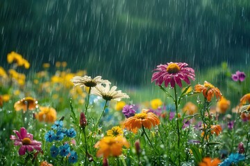 Summer rainstorm over a field of blooming wildflowers, with the raindrops adding a fresh and vibrant touch to the colorful scene, creating a lively and refreshing summer scene.