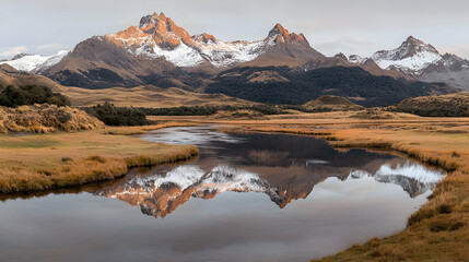 Fototapeta premium Patagonian mountains reflected in calm lake at dawn