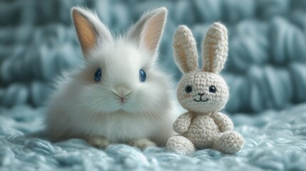 Obraz premium Fluffy bunny, plush toy, pastel blanket, Easter