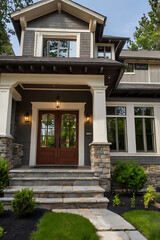 Luxury Modern Home Exterior: Gray Facade, Stone Entrance, and Elegant Design