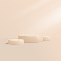 Minimalist beige podium with soft light.Elegant showcase pedestal for product presentation.3D podium in soft beige tones . Elegant vector illustration for branding, cosmetics, advertising