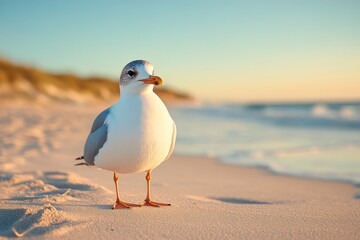 Seagull standing on sandy beach at sunset near ocean waves in warm sunlight