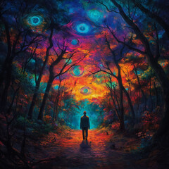Fototapeta premium Hallucination psychology. Hallucinogenic neuroscience. A patient walks through a forest, experiencing hallucinations.