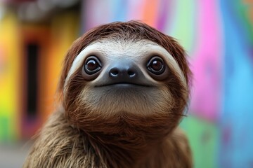 Naklejka premium Sloth poses playfully in colorful urban backdrop showcasing vibrant street art and textures