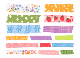 Set of colorful washi tapes, cartoon flat vector illustration isolated on white background. Cute adhesive tape for planner, journaling and scrapbook. Spring and summer themed flowers and strawberry.