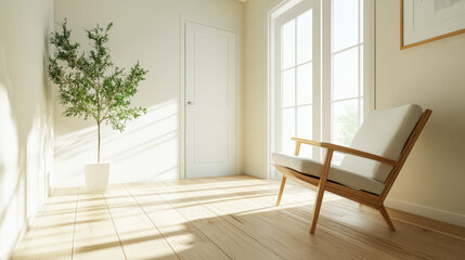 Bright and airy interior with a modern chair and indoor plant in a sunlit room