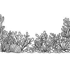 abstract background. Coloring book page for adult. Underwater seabed with algae and corals, line art design and fish.