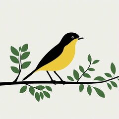 A colorful vector illustration of a wild bird with a black beak perched on a green spring branch