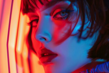 Fototapeta premium Close up of fashion model posing under red and blue neon lights, creating a dramatic and colorful portrait