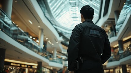 Security guard surveys large multi-level shopping center.