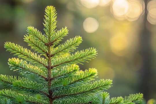 Close view of pine tree branches under soft sunlight illuminating natural landscape - Powered by Adobe