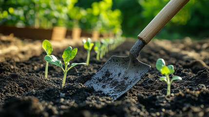 Garden shovel working in soil next to young seedlings in outdoor planting bed. Photo, banner, postcard for Earth Day, gardening and thematic articles