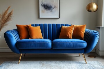 Modern blue velvet sofa bed with brass legs, a two-seater for small living room interior design.