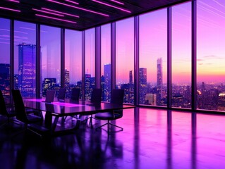 Modern Office Meeting Room Overlooking Vibrant City Skyline at Sunset with Purple Lights