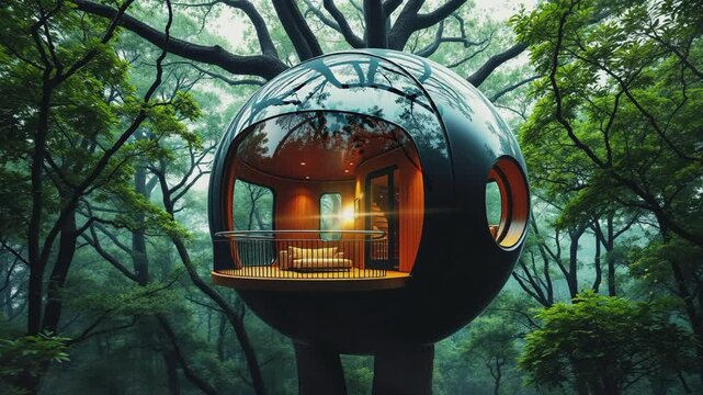 Unique round tree house, seamless 4K virtual video animation background