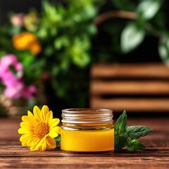 Natural Honey Jar Surrounded by Fresh Sunflower and Green Leaves on a Wooden Table