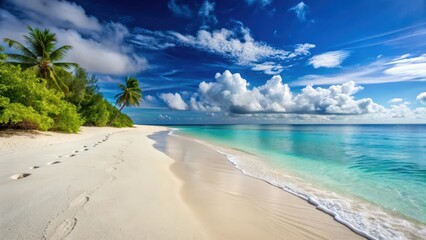 A serene landscape of a secluded white sandy beach with clear blue waters and shallow footprints leading into the ocean