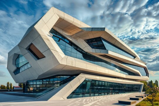 Modern deconstructivist architecture building showing geometric lines and glass facade with cloudy sky