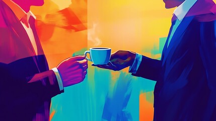 Two people share a coffee in the morning meeting use