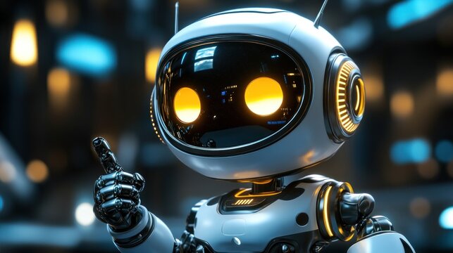 Positive cute robot pointing at a space. Copy space, ai generated