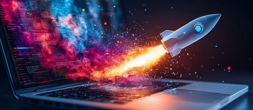 A vibrant rocket launching from a laptop, symbolizing innovation and technology in action