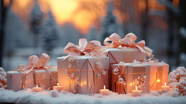 Christmas Background Of Christmas Gift Box With Candles