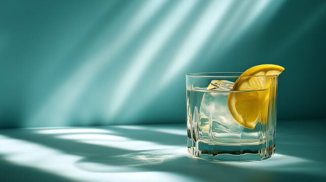 refreshing beverage gin vermouth glass sunlight reflections blue background premium studio image