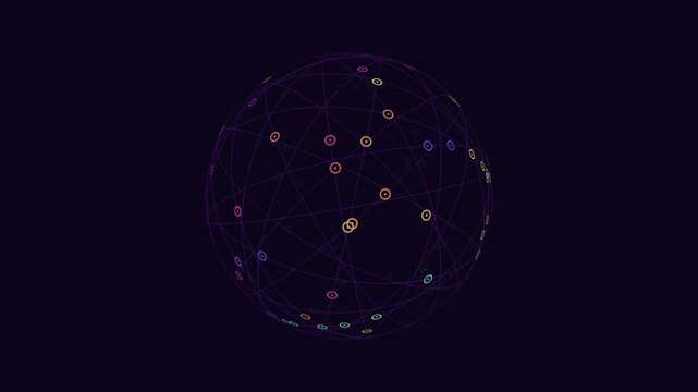 Complex network of interconnected lines and circles arranged in a circular pattern. Purpose and context unclear