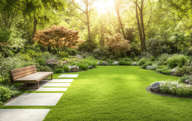 Serene garden with lush greenery and sunlight filtering through trees in a peaceful setting