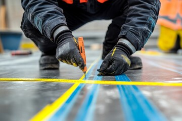 Worker scribes a line along taped floor markings.
