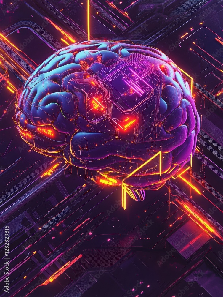 Aufkleber illustration of an ai chatbot featuring a vibrant neural brain pattern integrated into a sleek inter