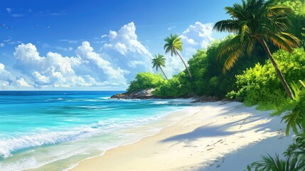 Obraz premium Panoramic tropical scene with turquoise ocean, white sandy beaches, and lush greenery under a clear, blue sky