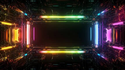 Obraz premium Glowing Neon Frame with Rainbow Lights in Futuristic Setting