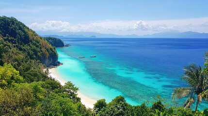 Fototapeta premium Panoramic view of a tropical coastline with crystal-clear turquoise waters, bright white sands, and vibrant palm trees