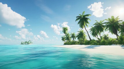 Scenic tropical island with vibrant turquoise water, powdery white sand, and palm trees under a clear, sunny blue sky