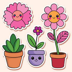 Image of Set of adorable cartoon stickers featuring flowers and plants in pots printed on Printed Glass Splashbacks