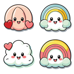 Four adorable cartoon characters featuring clouds and rainbows with big eyes, blush cheeks, and a happy expression