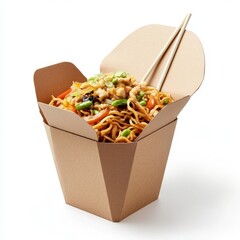 Chicken and vegetable noodles in a takeout container with chopsticks.