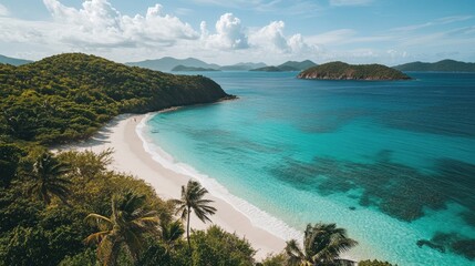 Fototapeta premium Stunning panoramic shot of a tropical island, vibrant turquoise ocean, white sands, and swaying palm trees under bright skies