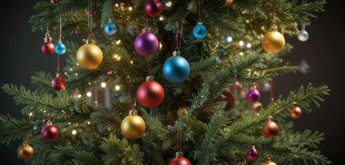 Colorful Christmas tree branches with ornaments, festive colors, ornaments, christmas tree