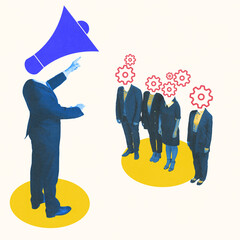 Conceptual art design. Business leader in suit pointing forward with head replaced by megaphone...