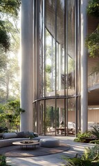 Naklejka premium Modern glass tower in lush forest, outdoor lounge area, morning sunlight