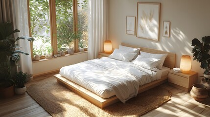 Tiny elegant bedroom in 3D isometric, soft neutral colors, stylish decor, warm cozy lighting