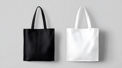 Two tote bags, black and white, on a gray background