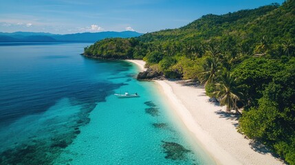 Tropical paradise with turquoise waters, pristine white sand, and lush palm trees stretching under a clear, sunny sky