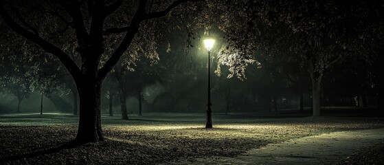 A single street lamp illuminates a dark, foggy forest path.